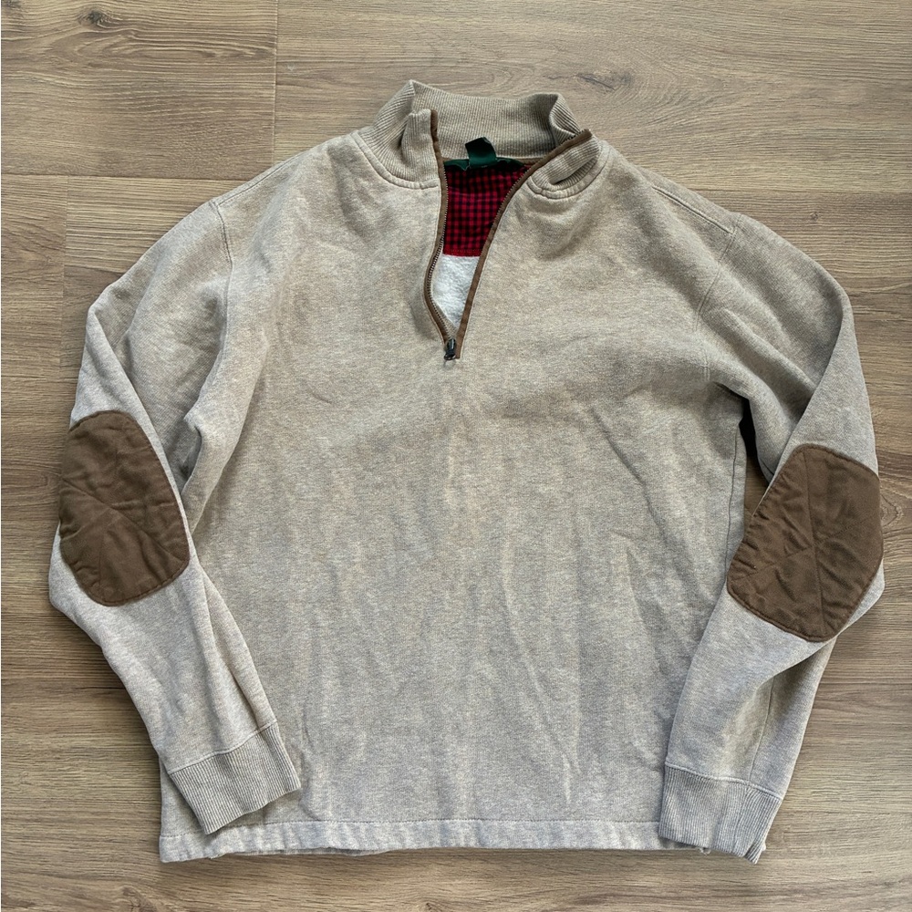 Woolrich Men's Beige Quarter-Zip Sweater with Brown Elbow Patches size medium